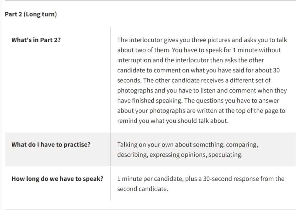 Summary of Cambridge Advanced speaking test part 2