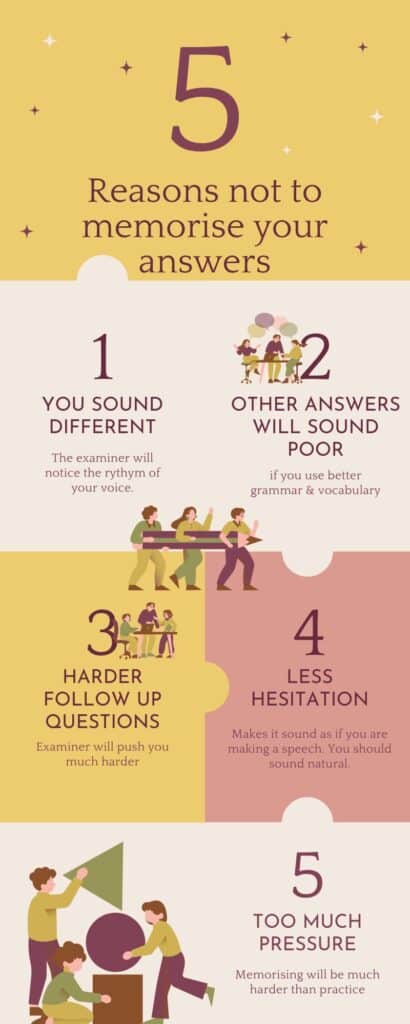infographic giving 5 reasons not to memorise speaking answers