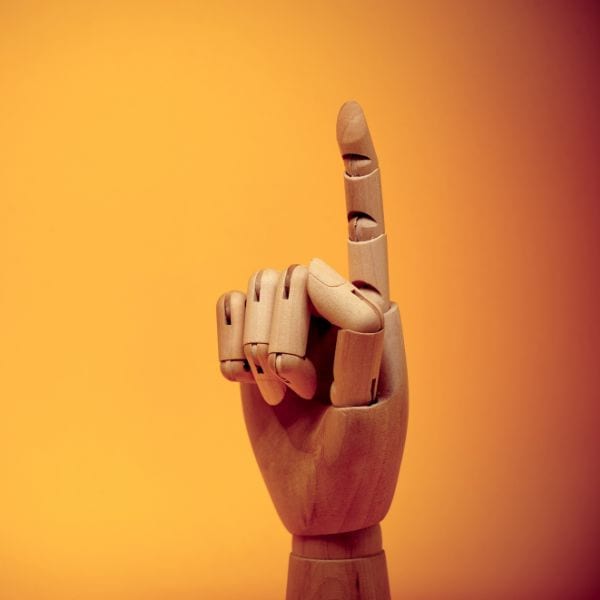 a model wooden hand holding up one finger