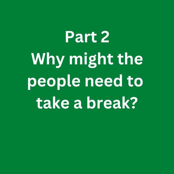C1 Advanced Speaking Part 2 - Why might the people need to take a break? on a green background.