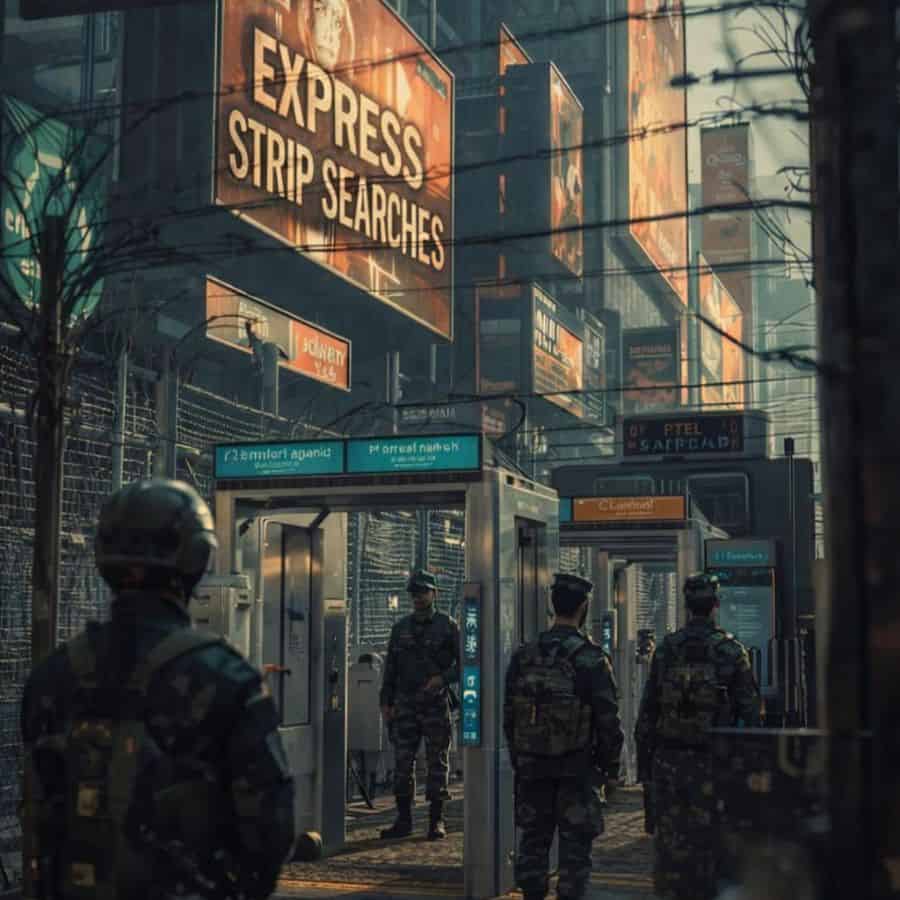 Military guards stand at security checkpoints on a city street beneath large orange signs that read 'EXPRESS STRIP SEARCHES'.