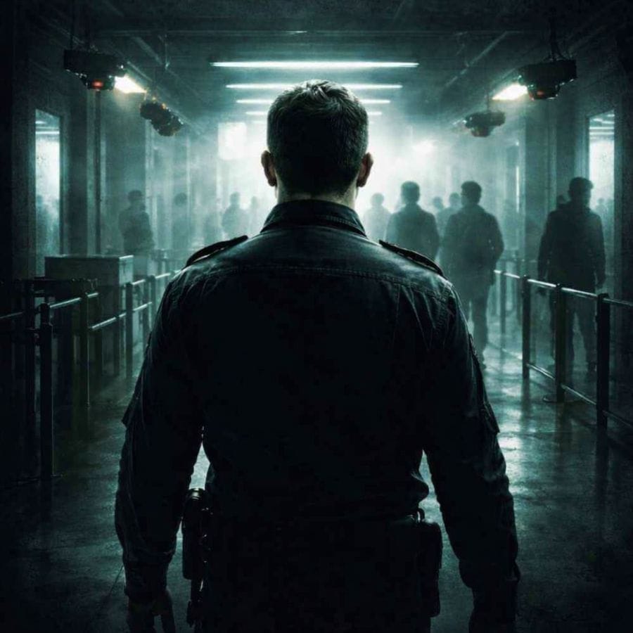 Back view of a security guard in a dark jacket standing in a dim, foggy corridor with silhouettes in the distance.
