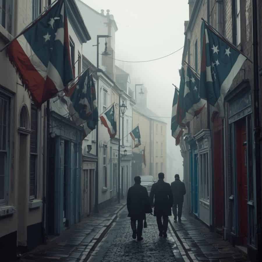 Flags hang above a foggy cobblestone street as three people walk away down the narrow lane at dusk/dawn.