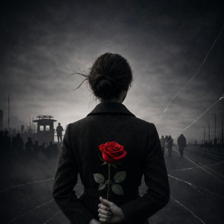 Person in a dark coat seen from behind holds a red rose behind their back in a misty urban scene.