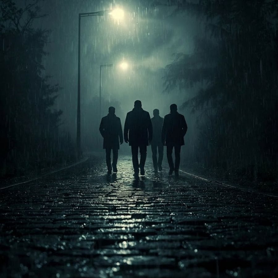 Four men walk down a wet, cobblestone street at night, silhouettes under dim streetlights in the rain.
