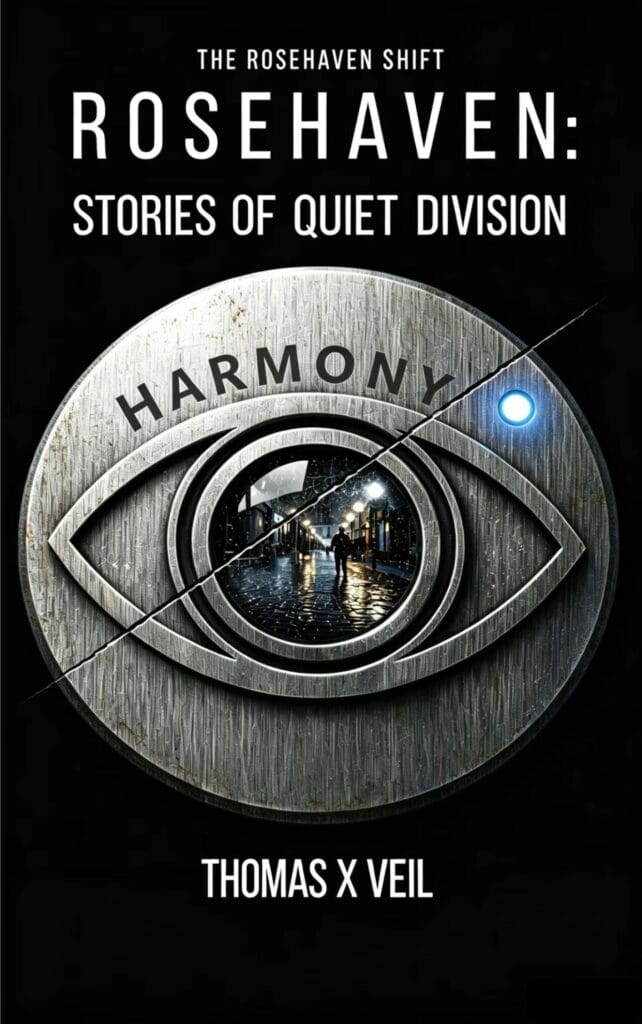 Book cover for 'Rosehaven Shift: Stories of Quiet Division' with a metallic circular emblem showing an eye and a rain-soaked street inside, by Thomas X Veil