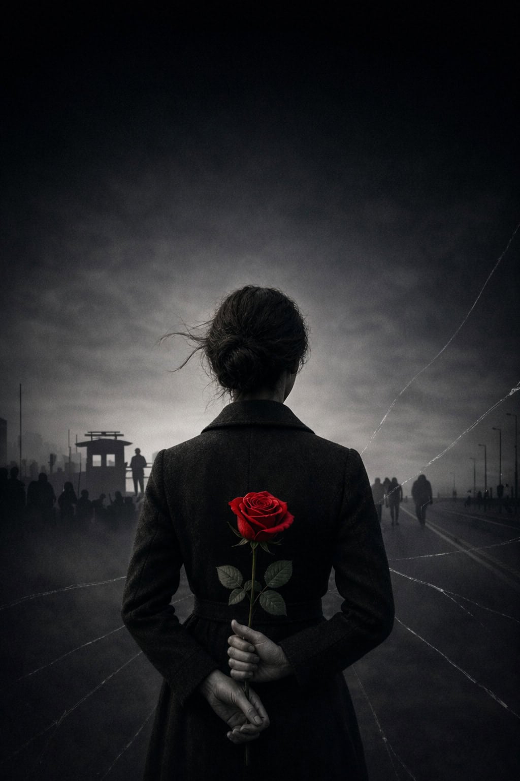 Person standing with back to camera in a dark coat, holding a red rose behind their back; a misty urban promenade with distant silhouettes.