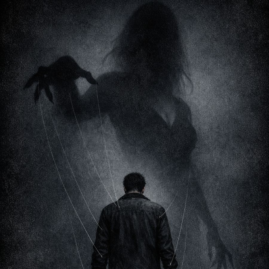 Man seen from behind in a dark jacket, with puppet strings connected to a large ominous female shadow figure looming behind him.