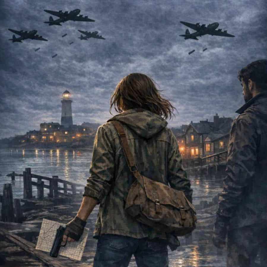 Two people with backpacks stand on a dock, gazing toward a harbor as bombers fly overhead at dusk near a lighthouse.